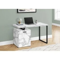 Computer Desk/ Home Office/ Laptop/ Left/ Right Set-up/ Storage Drawers/ 48"L/ Work/ Metal/ Laminate/ White Marble Look/ Black/ Contemporary/ Modern