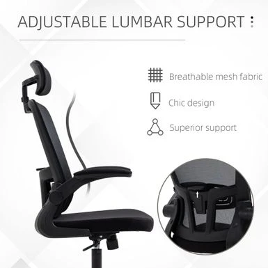 HOMCOM Vinsetto High Back Mesh Chair, Home Office Task Computer Chair With Adjustable Height, Lumbar Back Support, Headrest, And Arms - Black 16 HOMCOM Vinsetto High Back Mesh Chair, Home Office Task Computer Chair With Adjustable Height, Lumbar Back Support, Headrest, And Arms - Black - Image 16