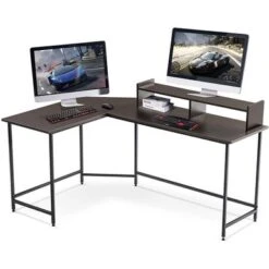 Mcombo L-Shaped Desk Computer Gaming Corner Desk With Large Monitor Stand, Office Writing Workstation With Movable Shelf - Ebony