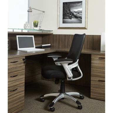 Black Mesh Back Manager's Office Chair With Silver Frame - Black Faux Leather 1 Black Mesh Back Manager's Office Chair With Silver Frame - Black Faux Leather