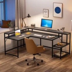 Lee Industrial L-Shaped Desk With Storage Shelves, Corner Computer Desk PC Laptop Study Table Workstation - Black -Felloweis Store 0e77db69 dcfe 4e05 b1a6 c5fdbaaaecf4