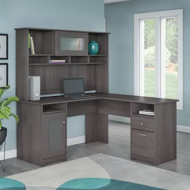 Cabot 60W L-Shaped Desk With Hutch And Storage By Bush Furniture - Heather Gray 2 Cabot 60W L-Shaped Desk With Hutch And Storage By Bush Furniture - Heather Gray - Image 2
