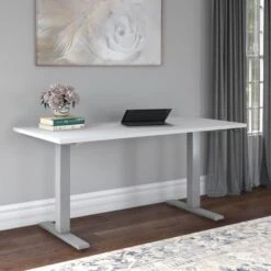 Cabot 60W Electric Height Adjustable Standing Desk By Bush Furniture - White/Cool Gray Metallic