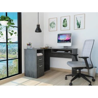 FM Furniture Raleigh L-Shaped Desk With Two Drawers, One Shelf And CPU Storage - Brown 1 FM Furniture Raleigh L-Shaped Desk With Two Drawers, One Shelf And CPU Storage - Brown