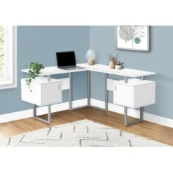 Computer Desk/ Home Office/ Corner/ Storage/ 58"L/ L Shape/ Work/ Laptop/ Metal/ Laminate/ White/ Grey/ Contemporary/ Modern