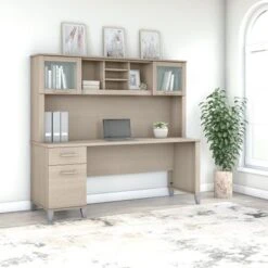 Bush Furniture Somerset 72W Office Desk With Hutch In Ash Gray - Sand Oak