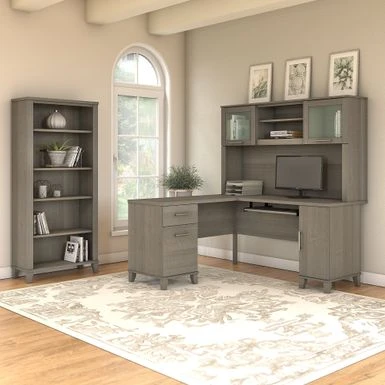 Somerset 60W L Shaped Desk With Hutch And 5 Shelf Bookcase In Ash Gray - Platinum Gray 2 Somerset 60W L Shaped Desk With Hutch And 5 Shelf Bookcase In Ash Gray - Platinum Gray - Image 2