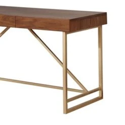 Modern Style Wooden Writing Desk With Unique Metal Legs, Walnut Brown And Gold -Felloweis Store 2896c22b 7215 4b96 b053 00322134e2bd