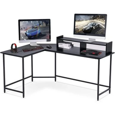 Mcombo L-Shaped Desk Computer Gaming Corner Desk With Large Monitor Stand, Office Writing Workstation With Movable Shelf - Ebony 2 Mcombo L-Shaped Desk Computer Gaming Corner Desk With Large Monitor Stand, Office Writing Workstation With Movable Shelf - Ebony - Image 2