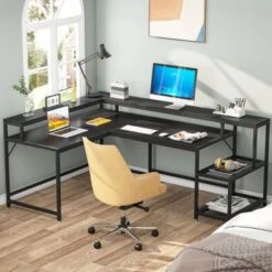 Lee Industrial L-Shaped Desk With Storage Shelves, Corner Computer Desk PC Laptop Study Table Workstation - Black -Felloweis Store 3330ea77 3a1d 4704 ac14 01ab7f7b5891