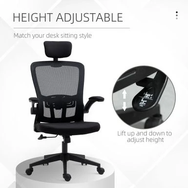 HOMCOM Vinsetto High Back Mesh Chair, Home Office Task Computer Chair With Adjustable Height, Lumbar Back Support, Headrest, And Arms - Black 13 HOMCOM Vinsetto High Back Mesh Chair, Home Office Task Computer Chair With Adjustable Height, Lumbar Back Support, Headrest, And Arms - Black - Image 13