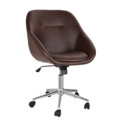 Porthos Home Hayes Swivel Office Chair, Chrome Base, PU Leather - Brown