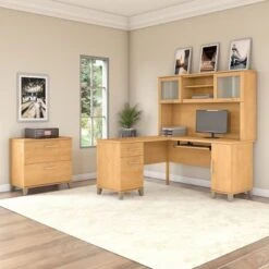 Somerset 60W L Shaped Desk With Hutch And Lateral File Cabinet - Maple Cross