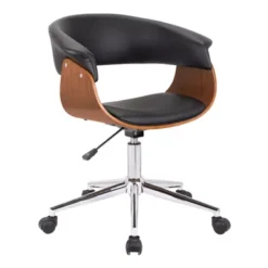 Bellevue Mid-Century Office Chair In Chrome Finish With Black Faux Leather And Walnut Veneer