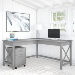 Key West 60W L Shaped Desk With Mobile File Cabinet By Bush Furniture - Washed Gray -Felloweis Store 5b98065e 7cbd 4b80 aa54 a574564ae0c3