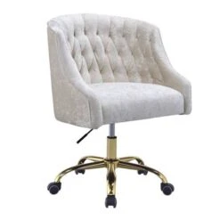 Swivel Velvet Upholstered Office Chair With Adjustable Height And Metal Base, Cream And Gold - Adjustable Height - Low Back - Desk Chairs - Metal - Assembly Required - Cream Pearl/Jet Crystal - Modern & Contemporary