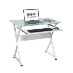 OneSpace 50-JN1201 White Ultramodern Glass Computer Desk With Pull-out Keyboard Tray - White