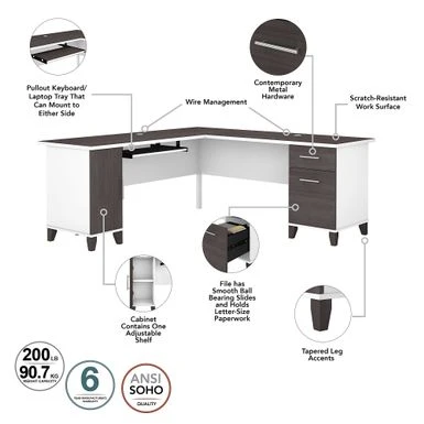 Somerset 71W L Shaped Desk With Hutch - Storm Gray/White 10 Somerset 71W L Shaped Desk With Hutch - Storm Gray/White - Image 10