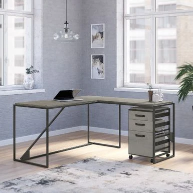 Refinery 62W L Shaped Industrial Desk With Drawers By Bush Furniture - Rustic Gray/Charred Wood 16 Refinery 62W L Shaped Industrial Desk With Drawers By Bush Furniture - Rustic Gray/Charred Wood - Image 16