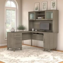 Somerset 60W L Shaped Desk With Hutch - Ash Gray