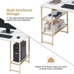 Mcombo Computer Gaming Desk Office Desk With 3-Tier Shelves, White Desk For Small Space, Gaming Desk With CPU Stand, Vanity Desk - Golden White -Felloweis Store 89de3646 77e0 4db1 b1f2 9a5ba26107b6