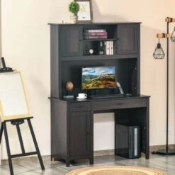 HOMCOM Computer Desk With Cable Management Home Office Workstation With Storage Shelves Drawers Cabinets - Coffee