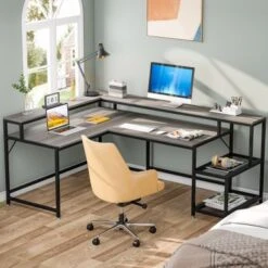 Lee Industrial L-Shaped Desk With Storage Shelves, Corner Computer Desk PC Laptop Study Table Workstation - Grey -Felloweis Store 93265184 5a1d 43dd 8587 054e42bd7b55