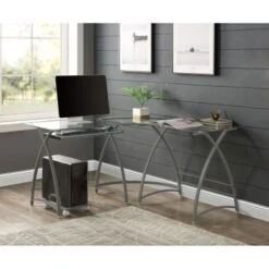 Computer Desk- L Shape With Keyboard Tray - Silver