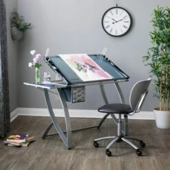 Studio Designs Futura Advanced Silver Metal Drafting Table With Glass Tabletop - Silver