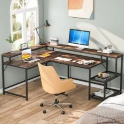 Lee Industrial L-Shaped Desk With Storage Shelves, Corner Computer Desk PC Laptop Study Table Workstation - Black -Felloweis Store 9674b0db 1396 48df 8366 0735afce68f2