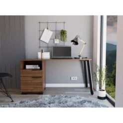 FM Furniture Petra Writing Desk With Open Shelf, Cabinet, And Drawer, Mahogany - Mahogany