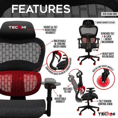 RTA Products RTATS36CRED /AIRFLEX Cool Mesh Gaming Chair - Red 5 RTA Products RTATS36CRED /AIRFLEX Cool Mesh Gaming Chair - Red - Image 5