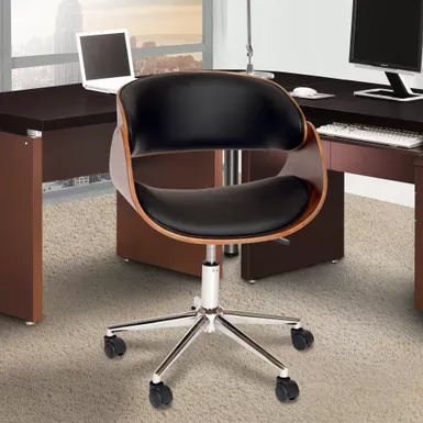 Julian Modern Office Chair In Chrome Finish With Black Faux Leather And Walnut Veneer Back 4 Julian Modern Office Chair In Chrome Finish With Black Faux Leather And Walnut Veneer Back - Image 4