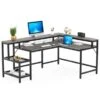 Lee Industrial L-Shaped Desk With Storage Shelves, Corner Computer Desk PC Laptop Study Table Workstation - Grey
