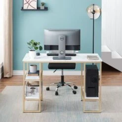 Mcombo Computer Gaming Desk Office Desk With 3-Tier Shelves, White Desk For Small Space, Gaming Desk With CPU Stand, Vanity Desk - Golden White -Felloweis Store ad91bfa9 df7e 4f2e b430 660919b2e532