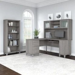 Somerset 60W L Shaped Desk With Hutch And 5 Shelf Bookcase In Ash Gray - Platinum Gray