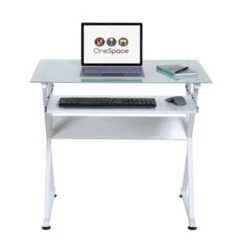 OneSpace 50-JN1201 White Ultramodern Glass Computer Desk With Pull-out Keyboard Tray - White -Felloweis Store aecbe9bd eca1 439e b5ee 70c45db2e59a