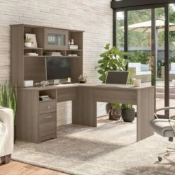 Cabot 60W L Shaped Computer Desk With Hutch By Bush Furniture - Ash Gray