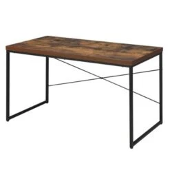 Rectangular Wooden Desk With Metal Base, Weathered Oak Brown And Black