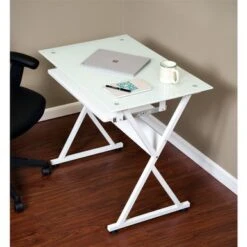 OneSpace 50-JN1201 White Ultramodern Glass Computer Desk With Pull-out Keyboard Tray - White -Felloweis Store b1775a37 741f 41b5 934e 8508ab44a373