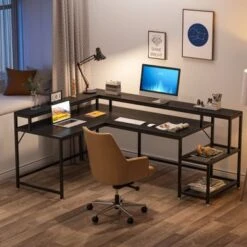 Lee Industrial L-Shaped Desk With Storage Shelves, Corner Computer Desk PC Laptop Study Table Workstation - Black -Felloweis Store bd82d96b 5c9d 4e1e 9d81 a22095a3b971