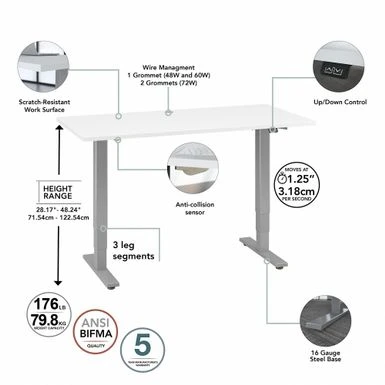 Cabot 72W Electric Height Adjustable Standing Desk By Bush Furniture - White/Cool Gray Metallic 3 Cabot 72W Electric Height Adjustable Standing Desk By Bush Furniture - White/Cool Gray Metallic - Image 3