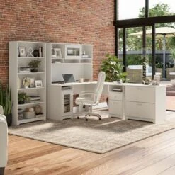 Cabot 60W L-Desk With Hutch, Cabinet And Bookcase By Bush Furniture - White