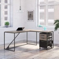 Refinery 62W L Shaped Industrial Desk With Drawers By Bush Furniture - Rustic Gray/Charred Wood