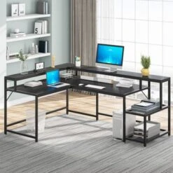 Lee Industrial L-Shaped Desk With Storage Shelves, Corner Computer Desk PC Laptop Study Table Workstation - Black -Felloweis Store d083b780 d285 42d9 9277 ce8528308e40