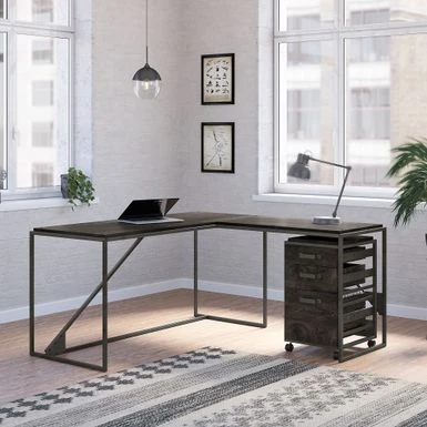 Refinery 62W L Shaped Industrial Desk With Drawers By Bush Furniture - Rustic Gray/Charred Wood 9 Refinery 62W L Shaped Industrial Desk With Drawers By Bush Furniture - Rustic Gray/Charred Wood - Image 9