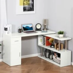 HOMCOM L-Shaped Rotating Computer Desk Home Office Study Workstation With Storage Shelves, Cabinet And Drawer For Home & Office - White