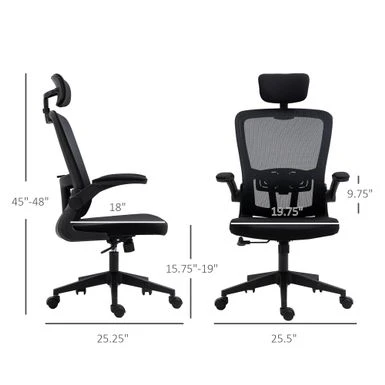 HOMCOM Vinsetto High Back Mesh Chair, Home Office Task Computer Chair With Adjustable Height, Lumbar Back Support, Headrest, And Arms - Black 12 HOMCOM Vinsetto High Back Mesh Chair, Home Office Task Computer Chair With Adjustable Height, Lumbar Back Support, Headrest, And Arms - Black - Image 12