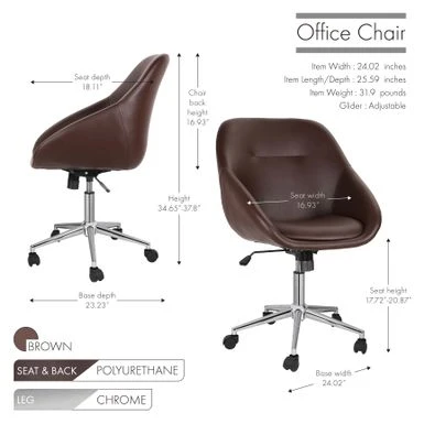 Porthos Home Hayes Swivel Office Chair, Chrome Base, PU Leather - Brown 12 Porthos Home Hayes Swivel Office Chair, Chrome Base, PU Leather - Brown - Image 12