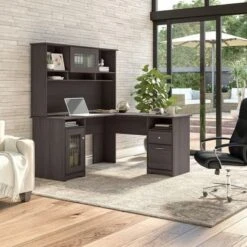 Cabot 60W L-Shaped Desk With Hutch And Storage By Bush Furniture - Heather Gray